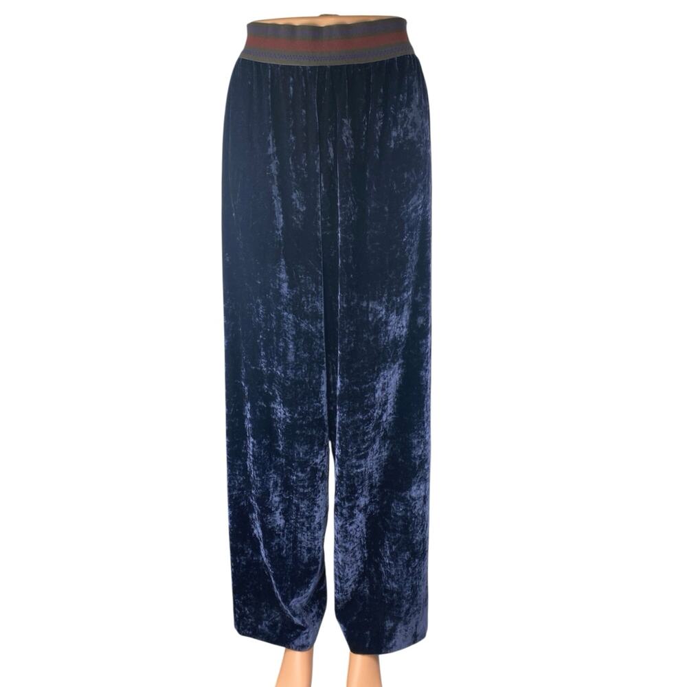 NEW Flo Navy Blue High Waisted Velvet Velour Wide Leg Trousers Pants Size US 10